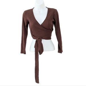 Zara ribbed faux wrap top shirt with belt brown Small T4